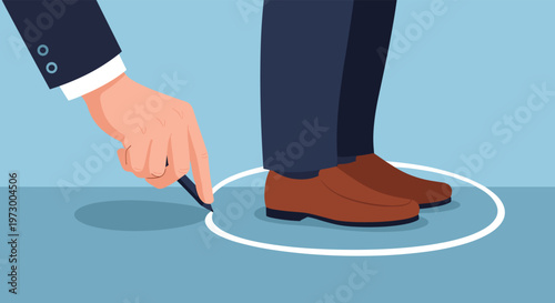 Hand of a businessman drawing a protective circle on the floor around the feet of another person representing boundaries.