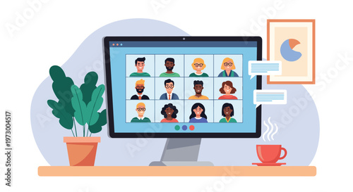 Desktop computer displaying a grid of diverse people participating in a virtual video conference call from an office.