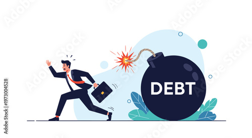 Stressed businessman running away from a massive lit bomb labeled debt as the fuse burns down quickly towards explosion.