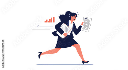 Overworked businesswoman running quickly while carrying large stacks of documents and papers during a busy workday.