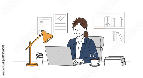 Professional businesswoman focused on working on her laptop at a tidy desk in a bright and modern office setting.