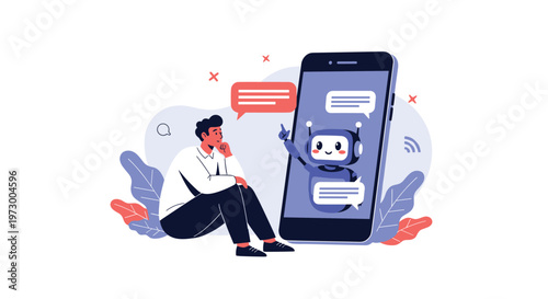 Young man sitting on the floor and communicating with an intelligent chatbot assistant through his smartphone.