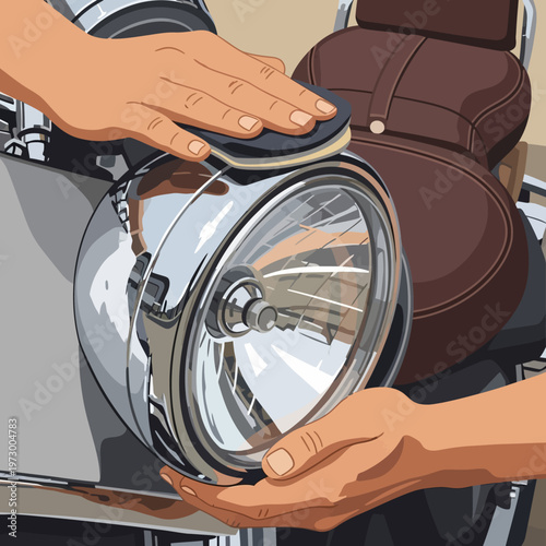 hands polishing chrome motorcycle headlight with brown leather seat