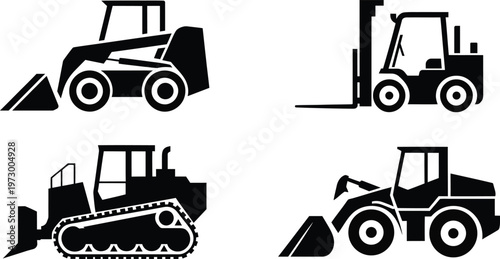 Heavy construction machinery icons set featuring forklift bulldozer loader and excavator for industrial logistics and building equipment concepts