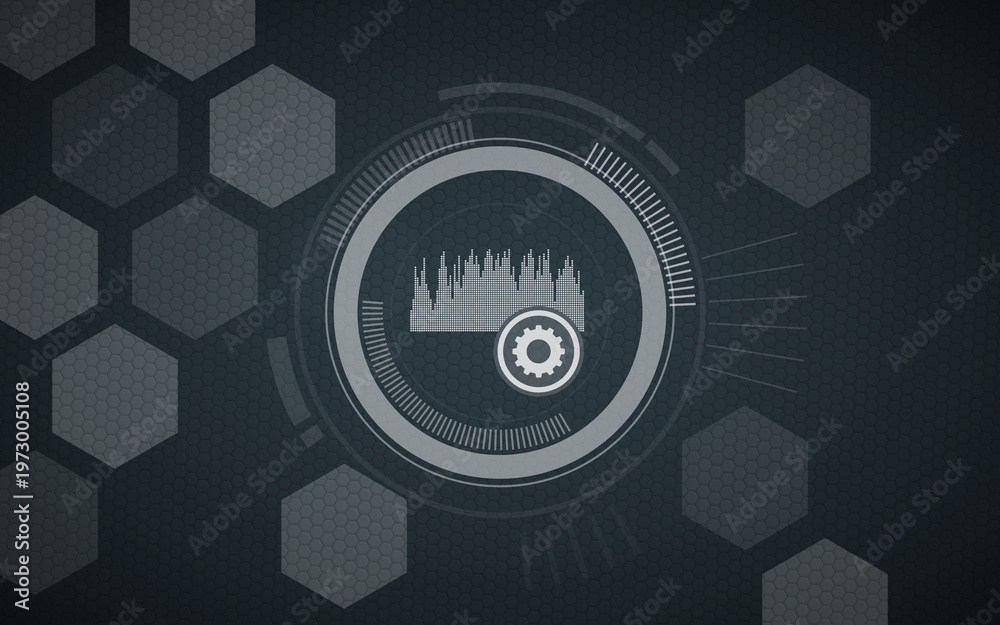 Obraz premium Abstract futuristic user interface background design featuring a digital audio sound wave graphic paired with a gear settings icon, perfect for tech optimization and configuration