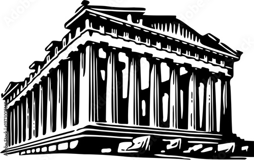 Classical architecture with grand columns and pediment, depicting ancient Greek building