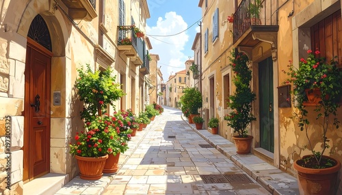 A serene, sunlit cobblestone street lined with potted plants and flowers