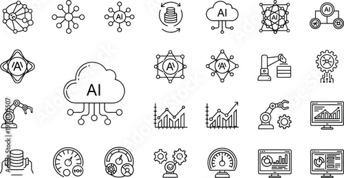 Artificial intelligence icons vector set with machine learning neural network automation and data analytics technology symbols collection