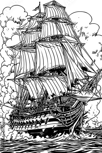 Majestic historic tall ship sailing through turbulent ocean waves, its grand sails billowing dramatically amidst a flurry of smoke or clouds, capturing the spirit of maritime exploration and adventure