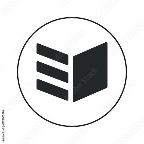 Stylized abstract open book icon inside a circular outline on a clean white background