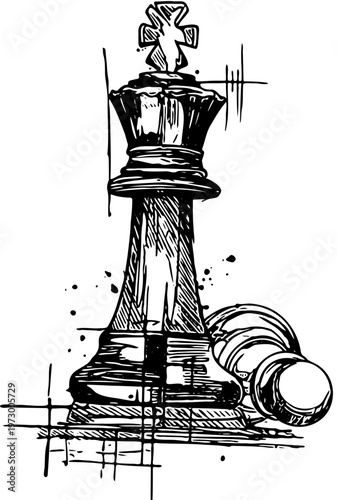Artistic hand-drawn illustration of a dominant king chess piece overlooking a defeated pawn, capturing the essence of strategy and competition