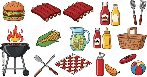 BBQ picnic essentials vector illustration with grill burger ribs corn sauces drinks basket and outdoor summer food items set