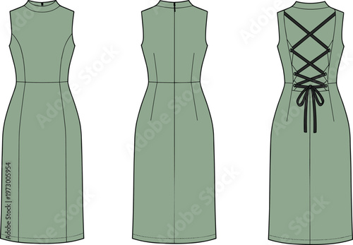 Fashion Dress Flat Sketch, Technical CAD Drawing, Vector Illustration, Sleeveless Dress Design, Back Lace Up Dress Template, Apparel Design Mockup