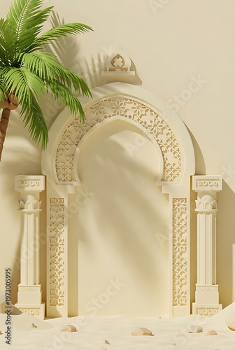 Elegant Arabian Archway with Palm Tree in Warm Light.