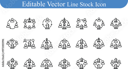 Organizational structure and team management icons, business hierarchy and roles symbols, line art