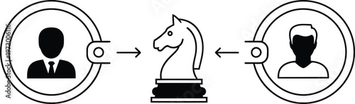 Chess knight symbol between two profile silhouettes, representing strategy and decision making, board game