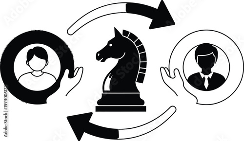 Strategic chess knight in business interaction with arrows