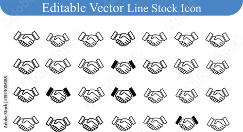 Multiple handshake icons set business agreement and partnership symbols helping hands line art