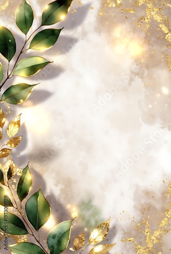Elegant Green Leaves and Golden Lights Background for Celebrations.