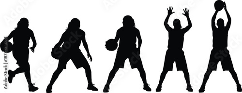 Basketball player silhouettes, ball handling, shooting pose, defensive stance, athletic movement, black vector, sports action, isolated icons, training illustration