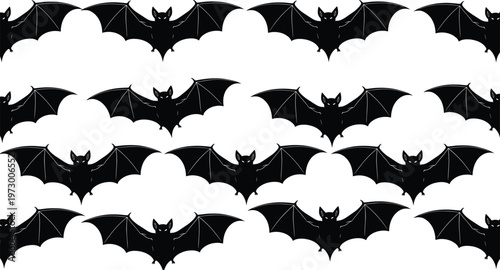 Bat silhouette pattern, flying bats in rows, black vector illustration, Halloween theme, spooky design, nocturnal animal graphic, horror concept, seamless layout