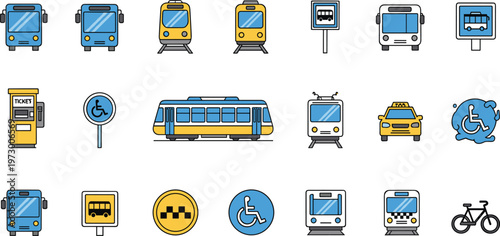 Public Transport Icon Set Featuring Bus Train Taxi Ticket Machine Accessibility Symbols and Urban Transportation Elements Vector Illustration Collection