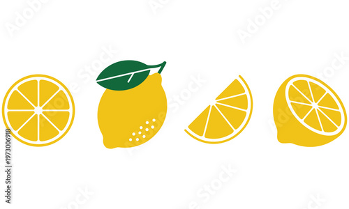 Vector graphic illustration of four different lemon slices and a whole lemon with leaf on a white background for design and food concepts