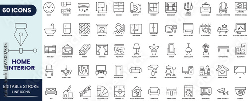 Home interior icon set in outline style. Editable stroke. Vector icon collection.