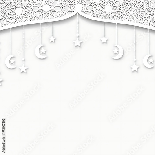 Elegant White Islamic Design with Moon and Star Ornaments.