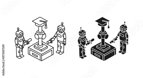 Isometric robot graduation ceremony vector, artificial intelligence education concept, robotic students with diplomas and mortarboard cap icons