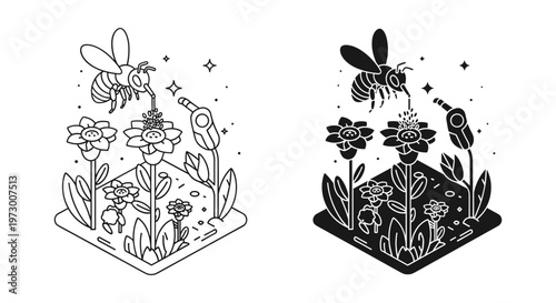 Minimalist isometric bee and flower vector illustration, honey bee pollinating garden blossoms, black and white line art and silhouette set