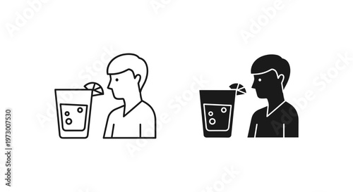 Minimalist man with soda glass icon set, outline and silhouette person drinking cold beverage, refreshing citrus drink with lemon slice vector