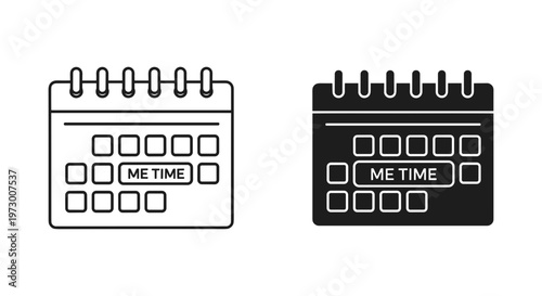 Me Time calendar icons in line and glyph styles, self care schedule planner vector, mental health day appointment symbols for personal wellness