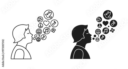 Minimalist person blowing bubbles of peace and love, line and silhouette vector icons, human profile with dove heart and music symbols