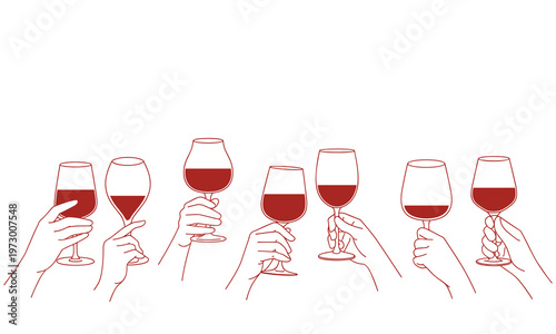 Wine glasses with red wine in hands making a toast gesture in a vector graphic illustration