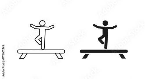 Gymnastics balance beam icon set, stick figure gymnast performing routine on apparatus, black and white minimalist sports vector symbols