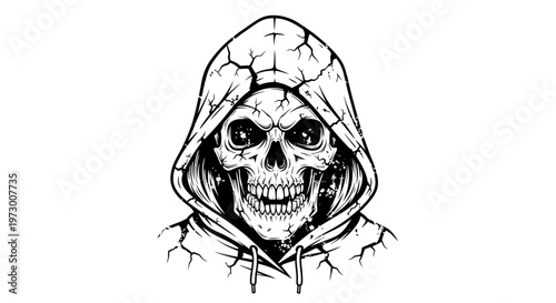 Creepy Skull in Hoodie, Cracked Texture, Dark Horror Art
