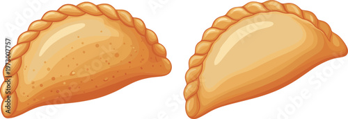 Vector Illustration of Two Delicious Empanadas with Golden-Brown Crust and Twisted Edge on a White Background