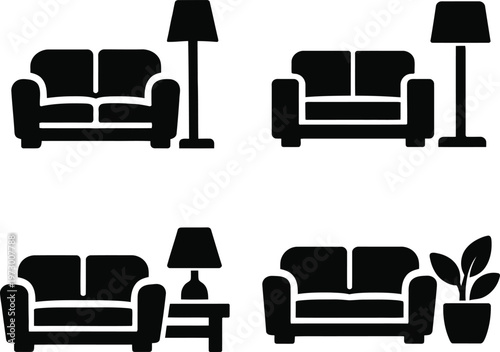 Black and white line of four stylized chairs with different backrest line chair furniture