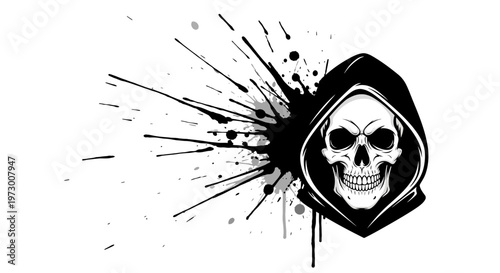 Grim Reaper Skull with Black Ink Splatter - Dark Abstract Graphic