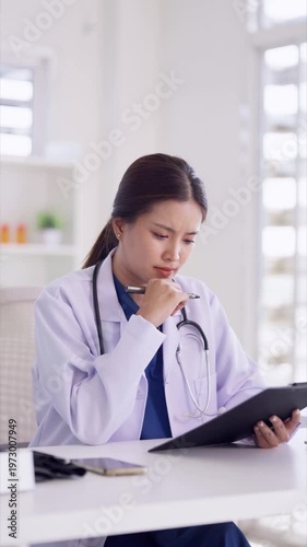 Asian adult female doctor reviewing patient records thinking medical diagnosis at clinic office professional healthcare facility