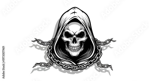 Grim Reaper Skull with Chains, Dark Hooded Figure, Death Symbol