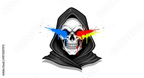 Grim Reaper Skull with Colorful Paint Splatter Eyes