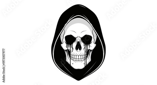 Grim Reaper Skull with Dripping Black Eyes in Hood