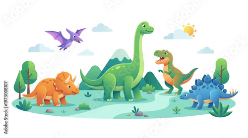 Cute Dinosaurs Group Landscape Cartoon Vector Illustration