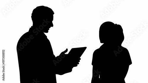 Black silhouette of doctor consulting patient with clipboard in medical setting