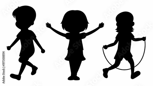 Three black silhouettes of happy kids playing outside with jump rope on white background
