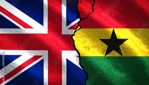 A torn flag background with UK and Ghana flags