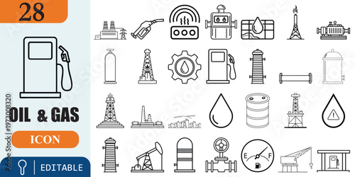 Oil and gas icons set, editable vector symbols for industry, energy and petroleum
