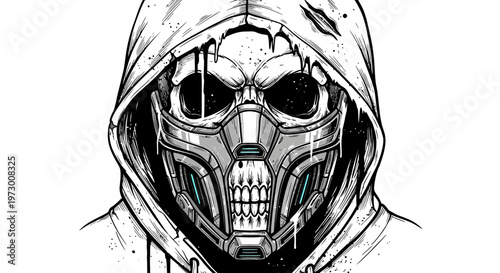 Skull mask, hoodie, dystopian, cyberpunk, futuristic, dark art, illustration